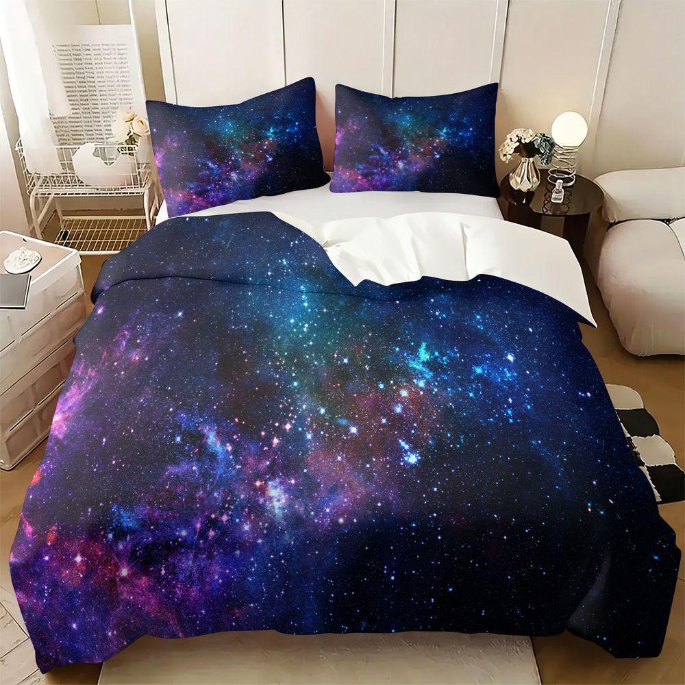 Galaxy Print Duvet Cover Set (1 Duvet Cover & 1/2 Pillowcase) Starry Night Bedding Set Soft Bedroom Decor for Kids Teens 155x200cm