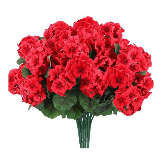 1/6/12 Stück Künstliche Geranienblume mit Grünen Blättern Realistisch UV-Beständig Künstliche Seidenblume Innen Außen Garten Terrasse Balkon Dekoration