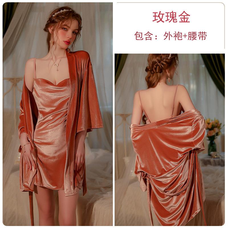 Women's French Velvet Loose Slit Cami Sleep Dress with Tie Robe Lounge Set