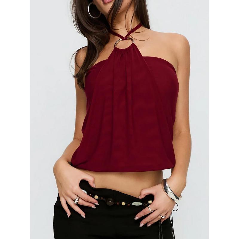 Damen Neckholder Mesh Uni Crop Cami Top