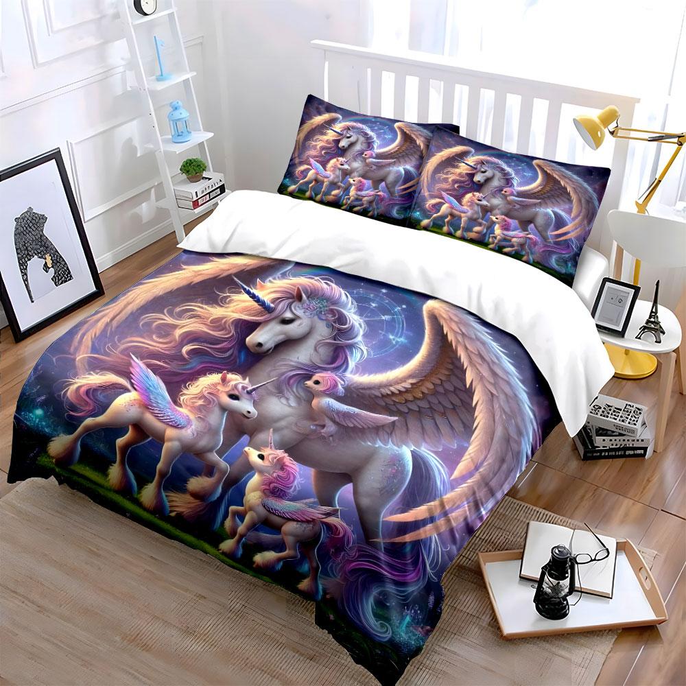 Unicorn Family Decor Set Soft Skin-Friendly Bedding Set Includes 1 Duvet Cover And 2 Pillowcase Gift