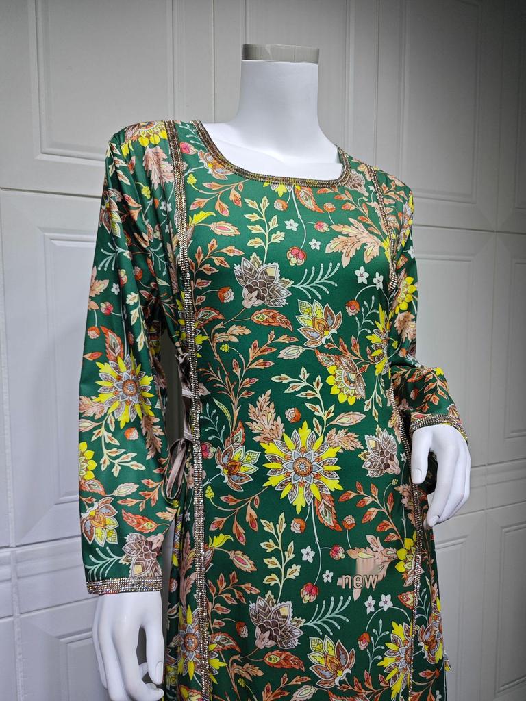 AB439 Middle Eastern Women's Diamond-Studded Fashion Print Jalabiya Robe
