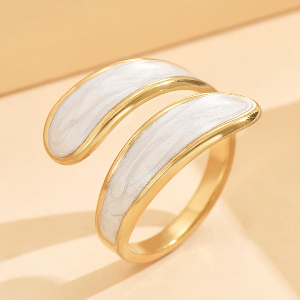 Elegant Vintage Pearlescent Enamel Geometric Stainless Steel Open Resin Ring Jewelry