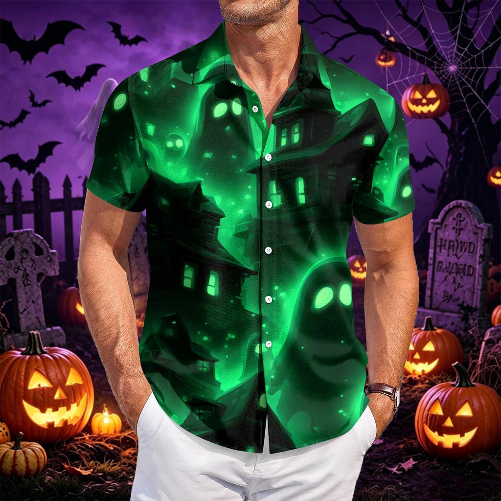Men's Casual Short Sleeve Shirt Button Down Lightweight Breathable Fabric Halloween Bat Print Shirt for Summer Beach Party