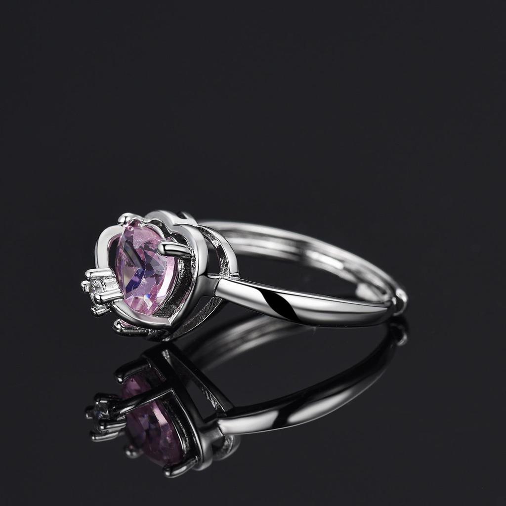 Platinum-Plated S925 Sterling Silver Heart Ring with Pink Diamond, Adjustable Women's Valentine's Day Gift.