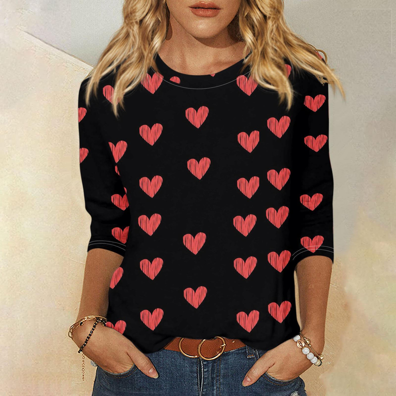 

Женская мода, повседневная свободная футболка с принтом на День святого Валентина и круглым вырезом, рукав 3/4, женский топ S