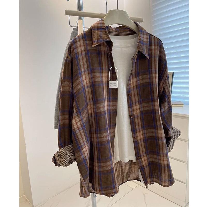Damen Lässiges Retro Kariertes Langarmhemd Französischer Fauler Stil Herbst Locker Vielseitige Strickjacke Modischer Kragen Einreiher Bluse