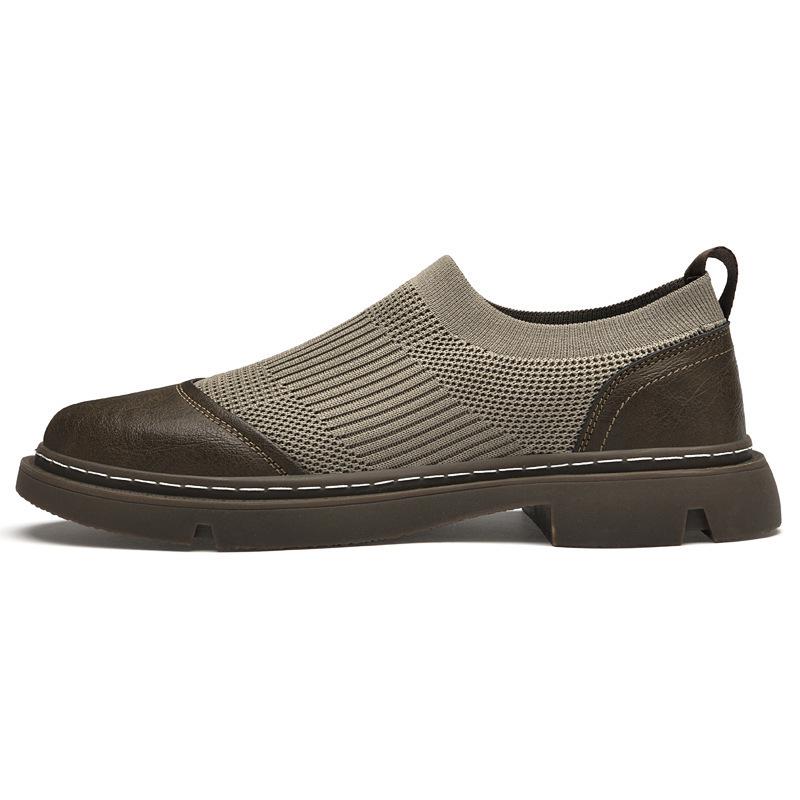 Men's Breathable Knit Mesh Slip-on Loafers - Spring/Summer Casual Low-top, Patchwork Design, Hidden Height Boost, Leather Details
