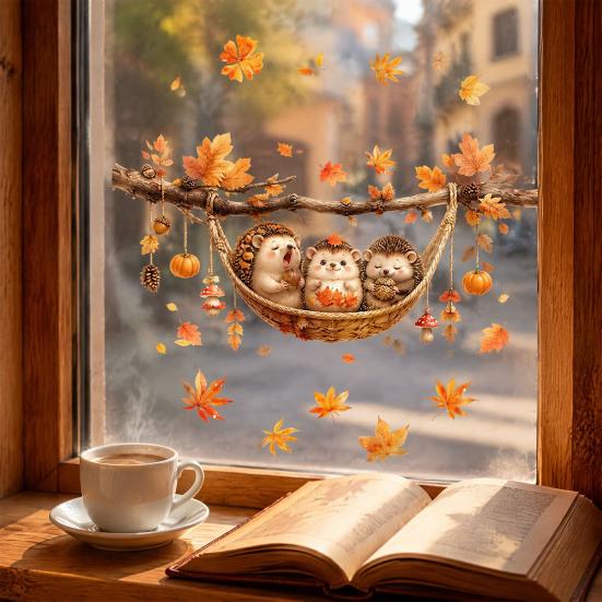 Pumpkin Window Art 2Pcs Fall Maple Leaves Animals Static Stickers, Autumn Squirrel/Hedgehog/Rabbit/Raccoon Glass Waterproof Decals PVC Clings for Home