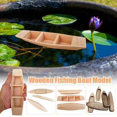 Wood Fishing Boat Model Crafts Fish Pond Floating Wooden Mini Boat Model Home Office Desktop Decor Ornaments