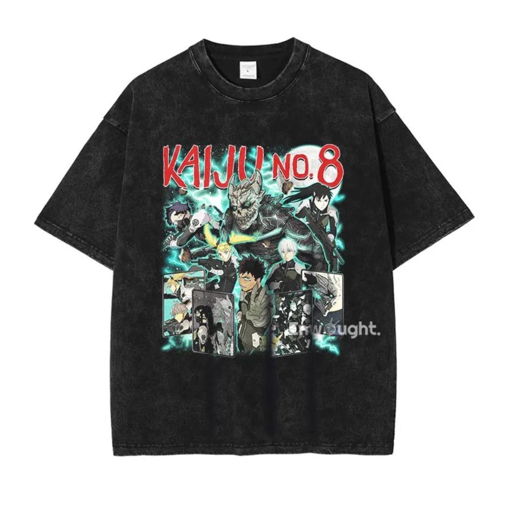 Il Kaiju No. T-shirt Oversize Lavata Vintage con 8 Personaggi Principali & Kaiju | Maglietta Streetwear Anime Sci-Fi