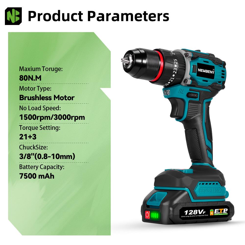 Newbeny 80NM Brushless Electric Drill 3 IN 1 Cordless Impact Drill Electric Screwdriver Power Tools For 18V Battery