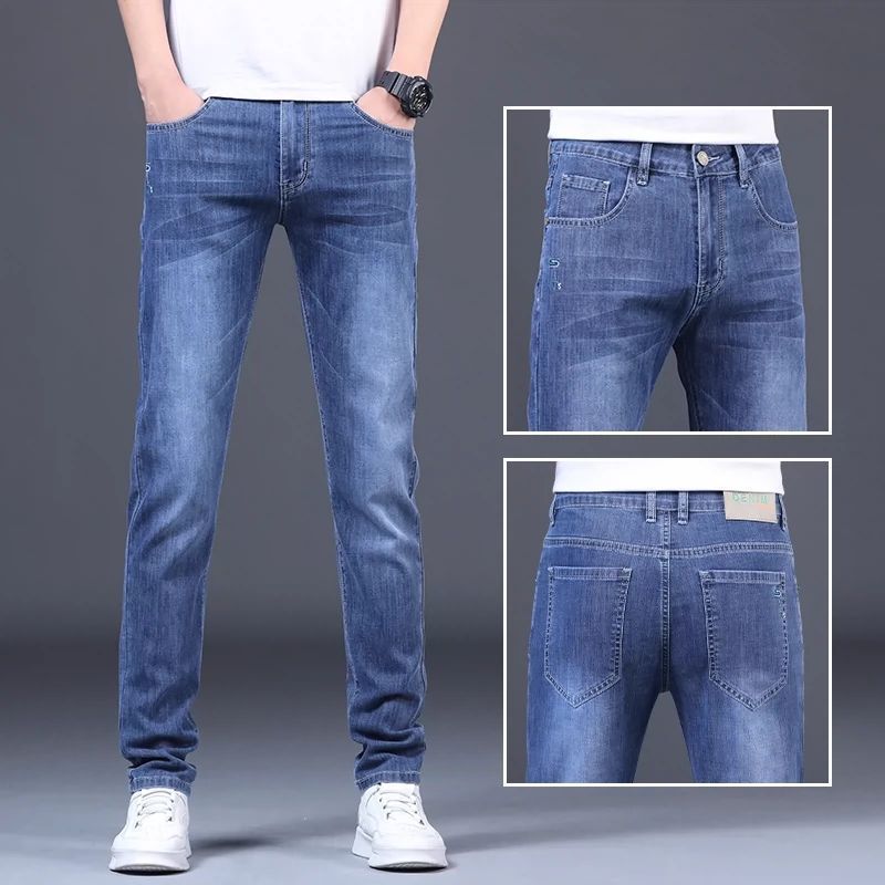 Summer Thin Jeans Simple Men's Straight Loose New High-end Elastic Slim Casual Pants Men