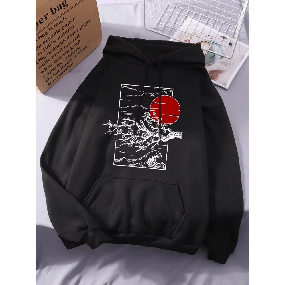 Japanese Cherry Blossoms Printing Hoodies Womens Winter Fleece Warm Sweatshirts Casual Pocket Tops Street Womans