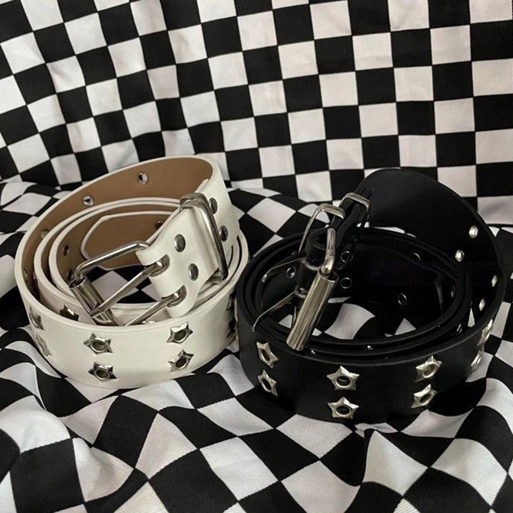Y2K Punk Rivet Leather Belts Women Men Star PU Black White Waist Strap Double Row Hollow Trendy Waistband Jeans Skirt Decoration