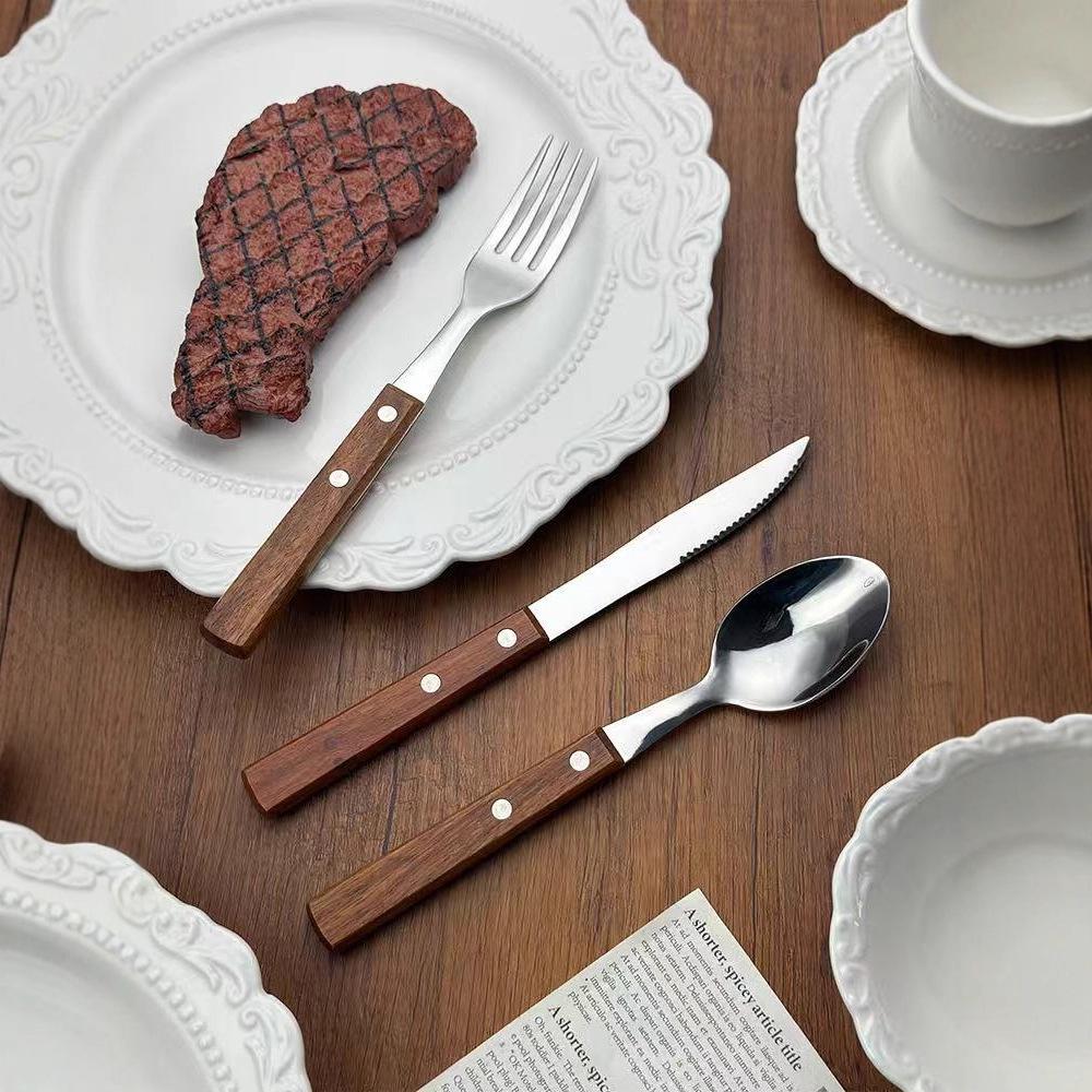 Rosewood Handle 304 Stainless Steel Cutlery Set: Knife, Fork, Spoon, Tea Spoon, and Steak Knife.