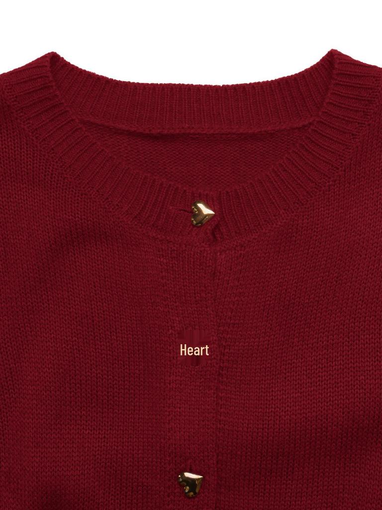 Women's Heart-Button Knit Cardigan: Red Christmas Sweater Coat, 2026 Autumn/Winter European & American Festival Style