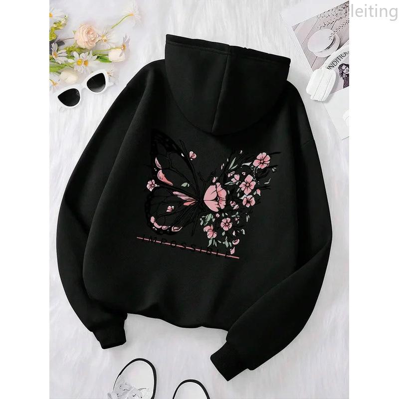 Fashion Creative Butterfly Splicing Flower Pattern Hooded Sweatshirt Women Winter Harajuku Street Hoodie Winter Clothes Women