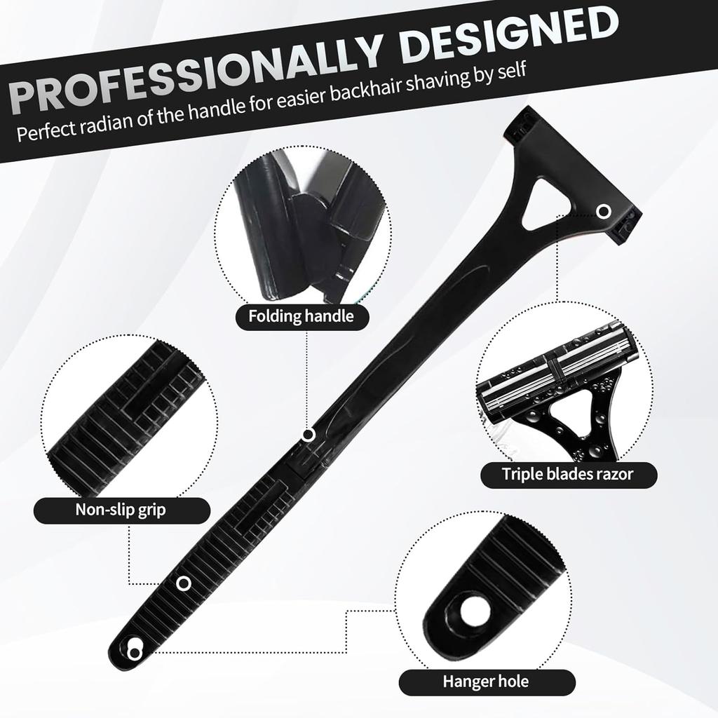 Back Shaver for Men with Foldable Long Handle, Premium Stainless Steel Body & Back Hair Trimmer, Repl aceable Safety Blades, Wet or Dry Use