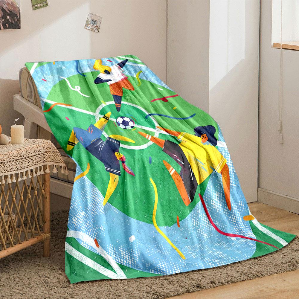 Three abstract figures on a soccer field surround the ball with colorful confetti. for all seasons blanket lunch break throw gift