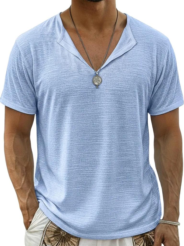 Men V Neck Solid Color Loose Casual Short Sleeve Breathable T Shirt