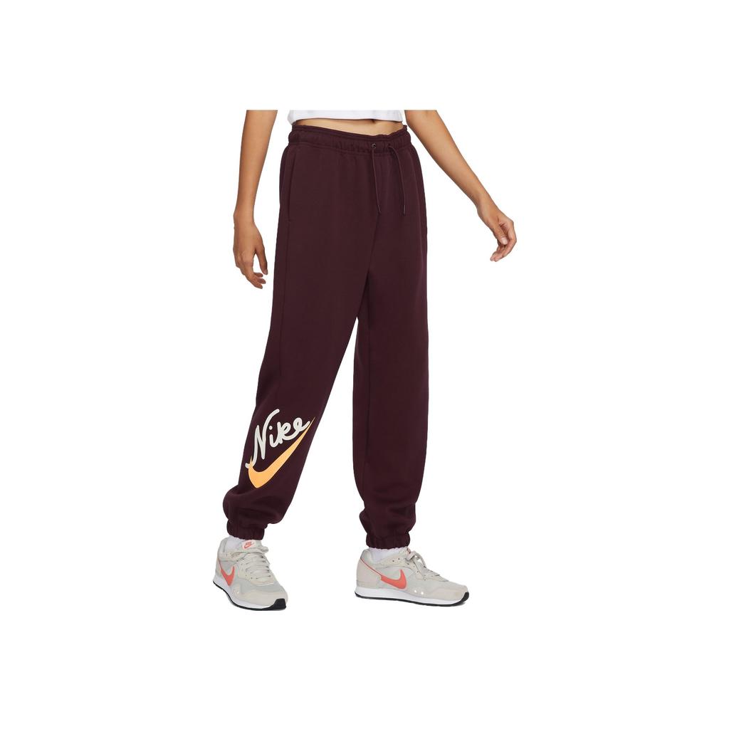 Nike Letter Print High Waist Drawstring Loose Knit Sports Pants Women Bottoms Burgundy FV8446-652