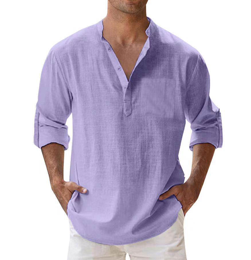 

Мужская летняя повседневная рубашка из хлопка свободного кроя со стойкой воротником, однотонная, с длинным рукавом, доступен большой размер XXL фиолетовый