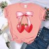Summer Pink Bow Strawberry Design Pattern 3D Printed T-Shirts Women Crewneck Casual Multicolor Tee Tops Summer Soft Short Sleeve