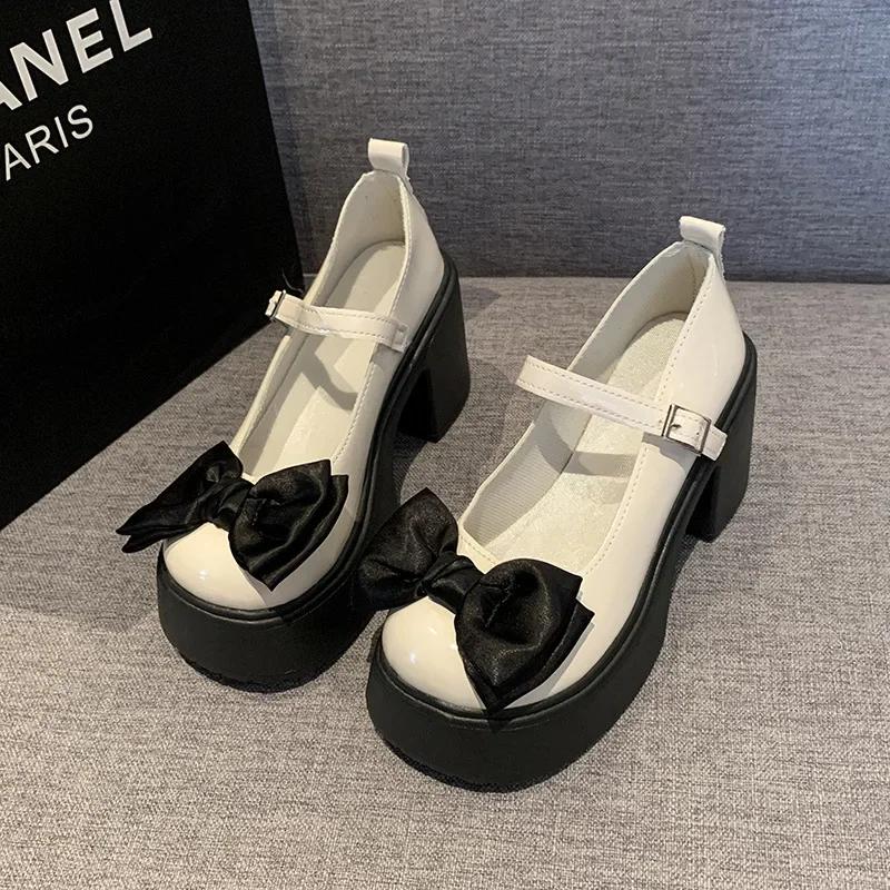 Fashion 2025 Summer New Coarse Heel  Single Shoes Fashion Bowknot Thick Heel Round Toe Pumps Trendy Street Lolita Shoes