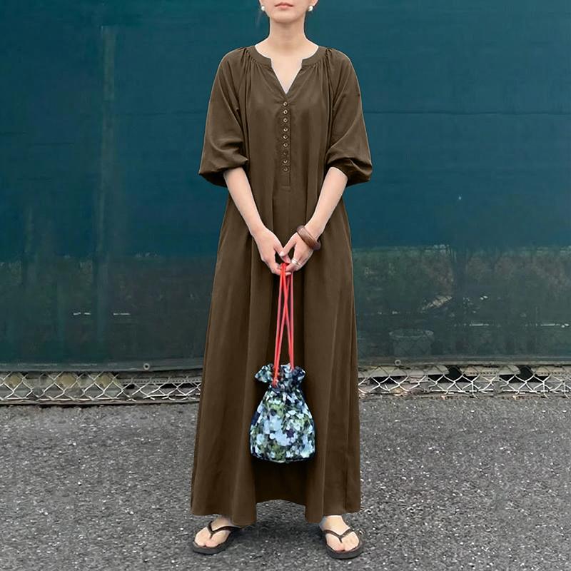 ZANZEA Women Casual V-Neck Loose Half Sleeve Long Dress