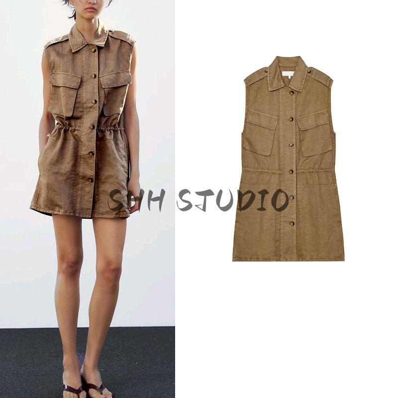 Spring and Summer New Women's Clothing Minimalist Style Single-Breasted Pocket with Sleeveless Lapel Short Dress 8197085