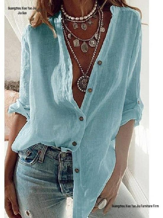 2026 Autumn European & American Solid V-Neck Loose Cotton Long Sleeve Women's Top