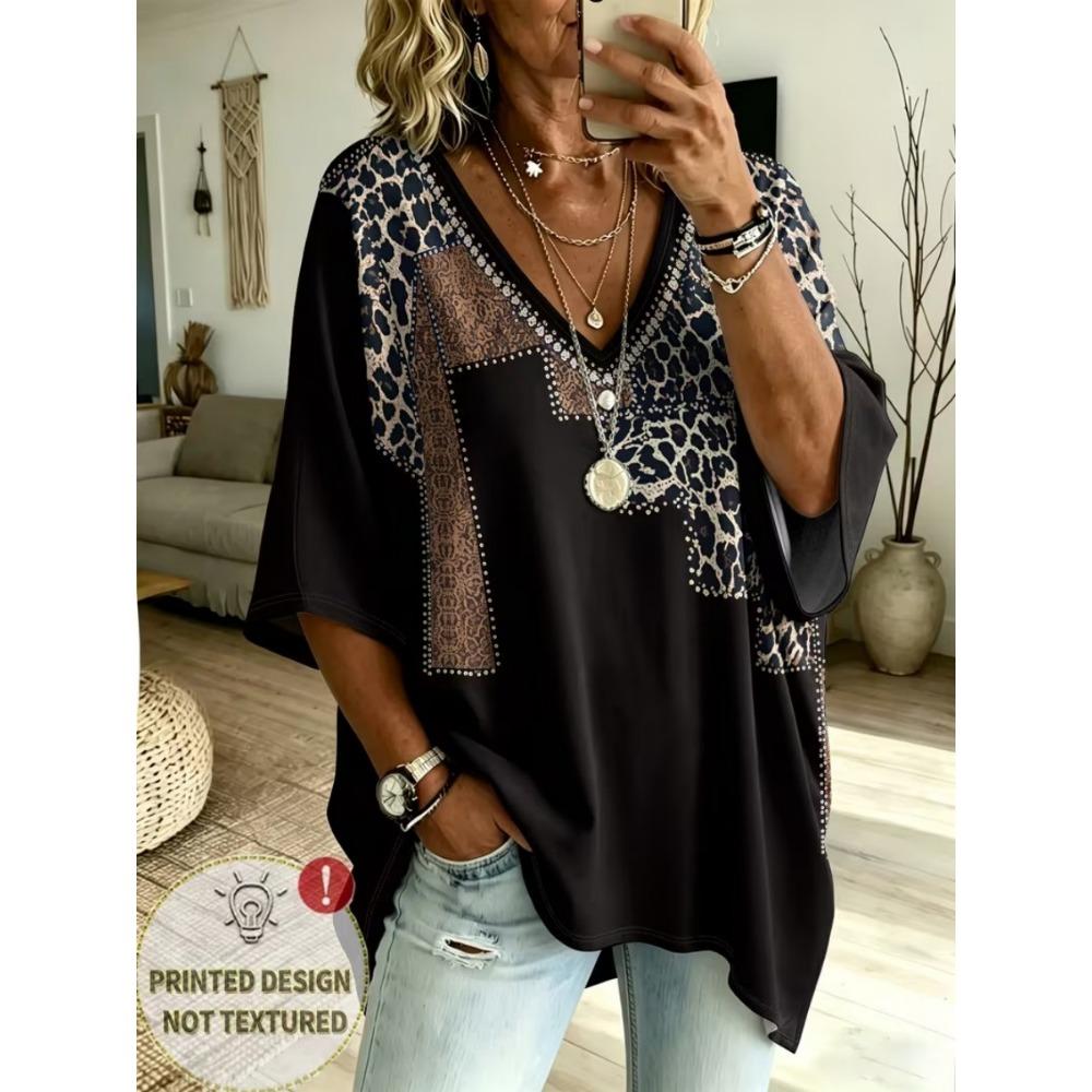 Plus Size Women's Color Block Leopard Print V-neck Top Three-quarter Sleeve Loose Plus Size Casual Daily T-shirt