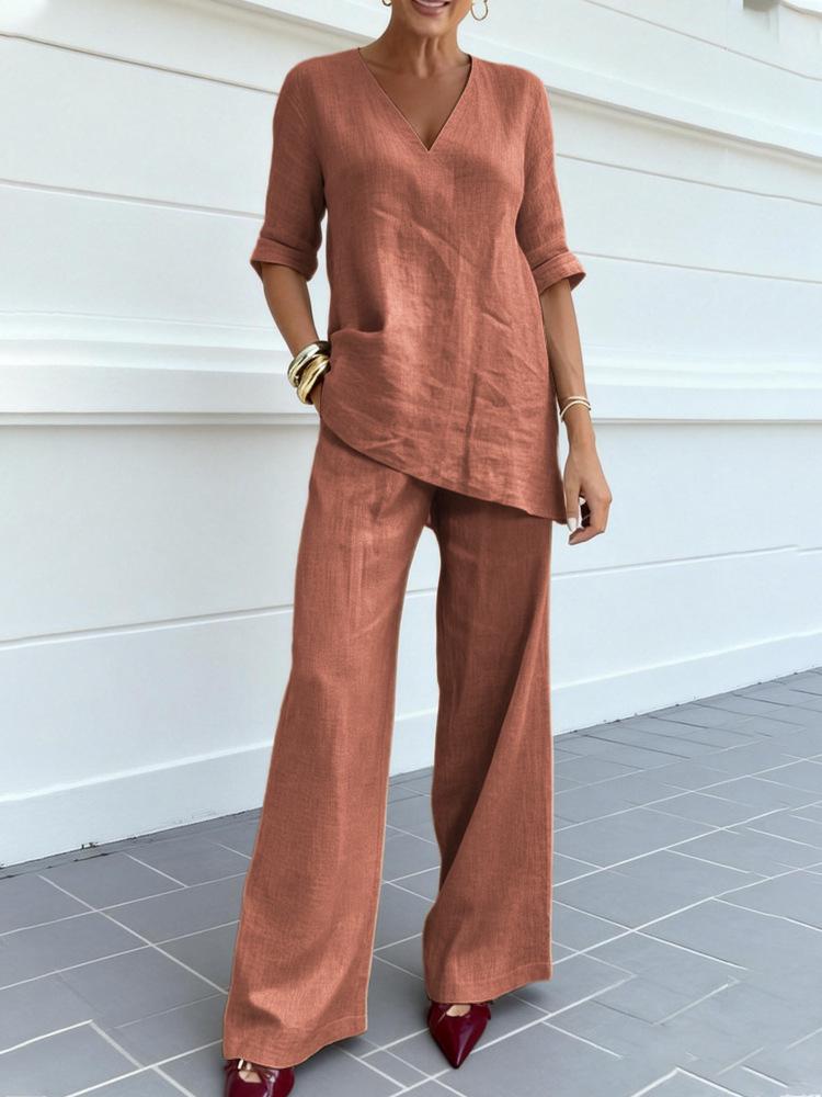2026 Women's Cotton Linen Solid V-Neck Blouse & Loose Pants Set