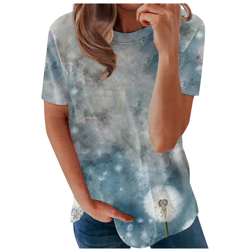 Women's Summer Flower Print Round Neck Short Sleeve T-shirt Top