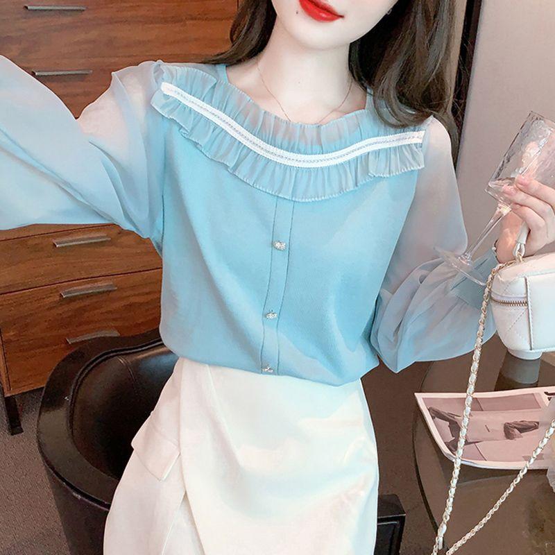Sweet Fashion Spring Autumn New Women's Solid Square Collar Lace Patchwork Button France Chic Long Sleeve Chiffon Shirt Tops