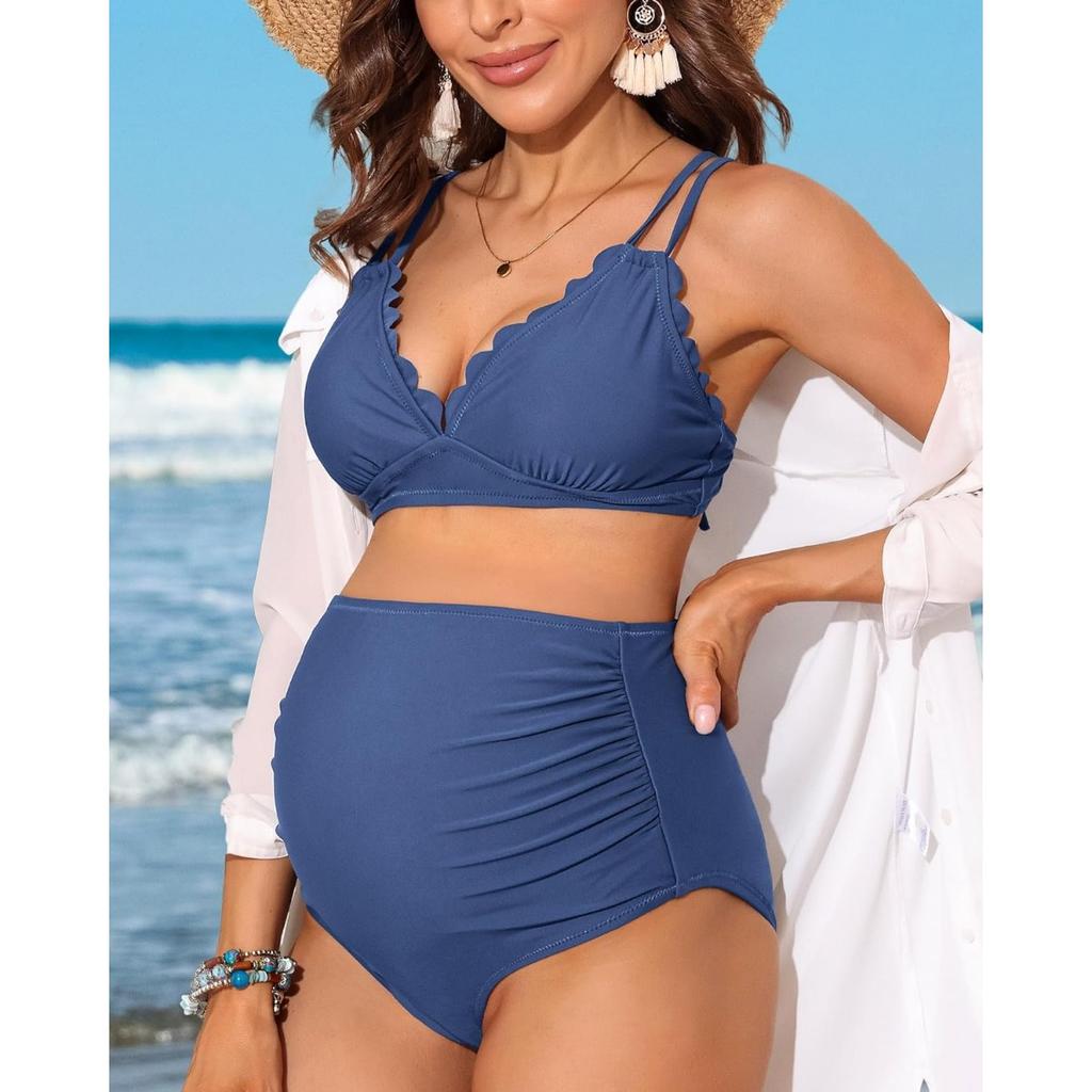 CHARMLEAKS Maternity Swimsuit Women Two Piece High Waist Bikini Scallop Trim Bathing Suit Pregnancy Swimwear