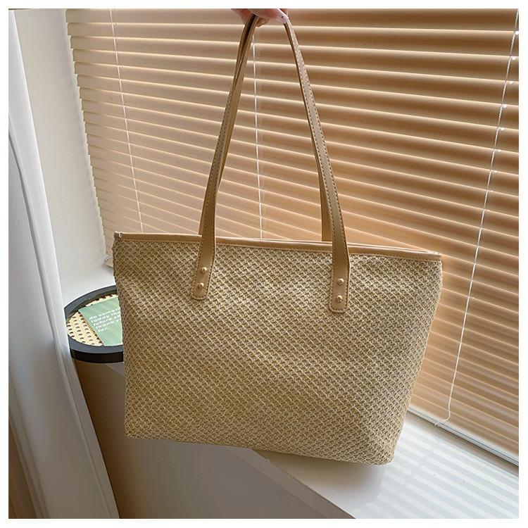 

Large Capacity Woven Tote Bag For Women Stylish Casual Beach Handbag In Cream And Khaki Khaki