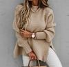 2025 Autumn/Winter Women's Chunky Knit Side-Slit Sweater: Semi-High Neck, Loose Fit, Solid Color, Long Sleeve.