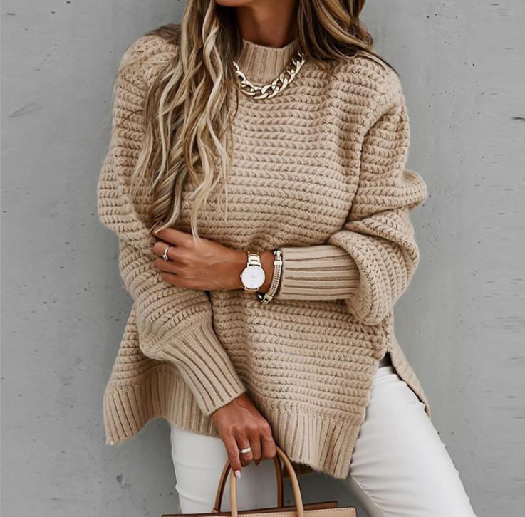 2025 Autumn/Winter Women's Chunky Knit Side-Slit Sweater: Semi-High Neck, Loose Fit, Solid Color, Long Sleeve.