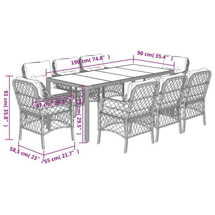 VidaXL 9-Piece Garden Dining Set with Cushions, Patio Table and Chairs, Outdoor Furniture for Terrace, Modern, 3212023