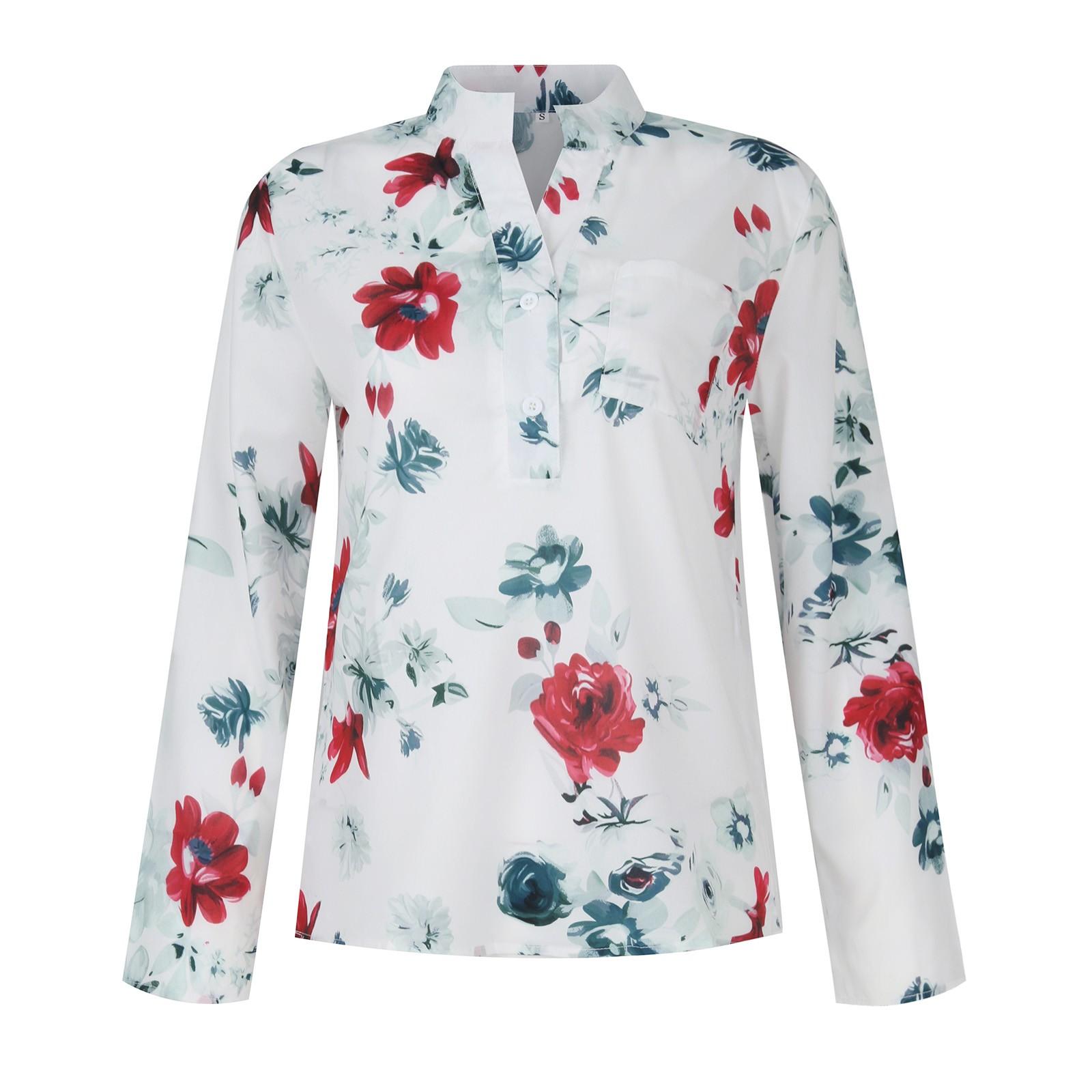 

Женская мода Элегантный пуловер с цветочным принтом и пуговицами Повседневный нижний верх XL белый