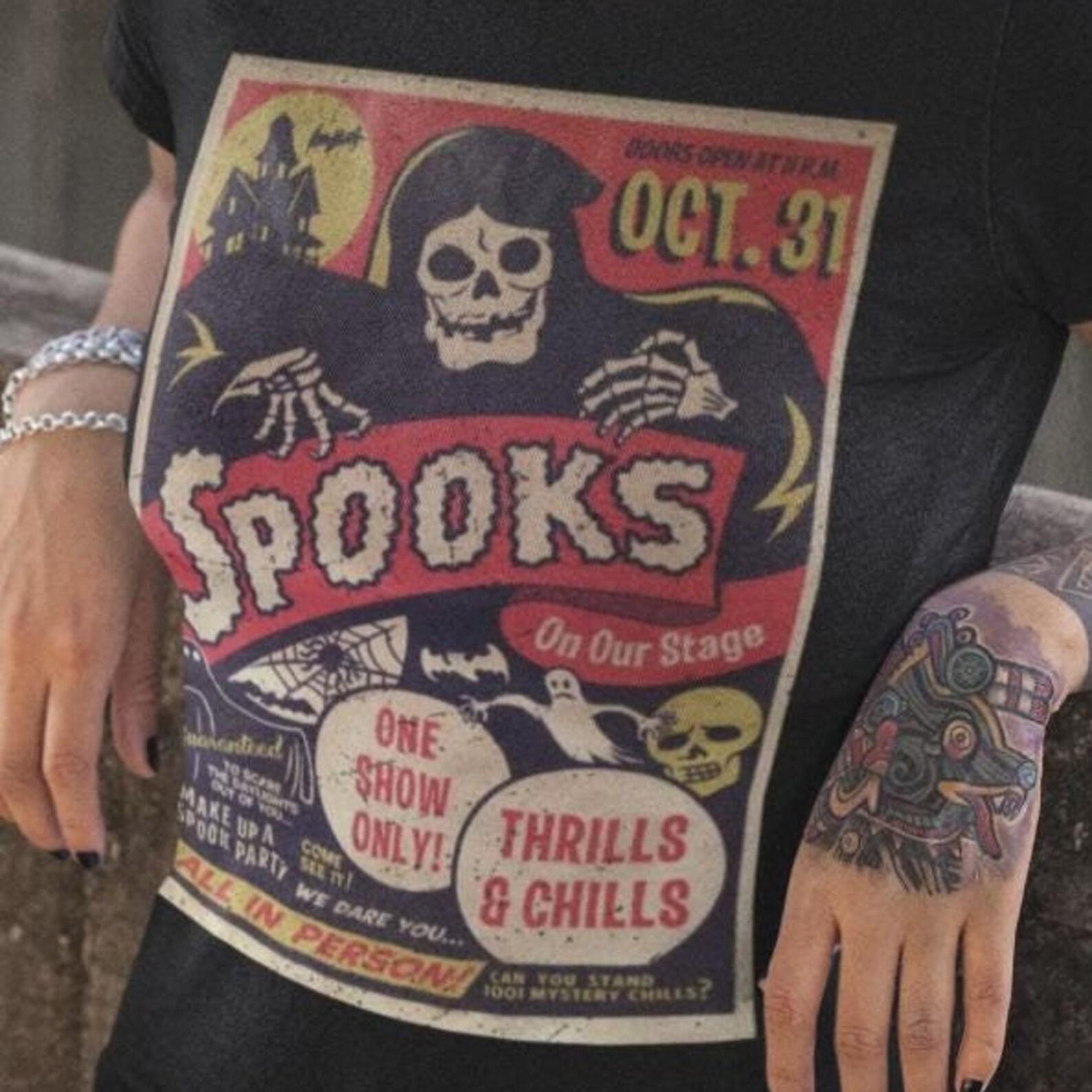 Halloween Spookshow Ladies T-shirt Vintage Horror Gothic Black Tee Ghosts and Ghouls October Fashion Gift Shirt for Halloween Lovers L