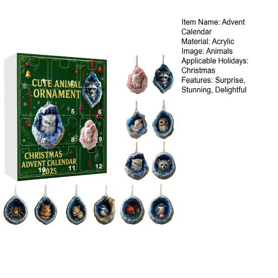 Christmas Geode Animal Advent Calendar 2025 2D Acrylic Forest Animals Xmas Tree Ornaments 12 Days Countdown Calendar for Holiday Decor