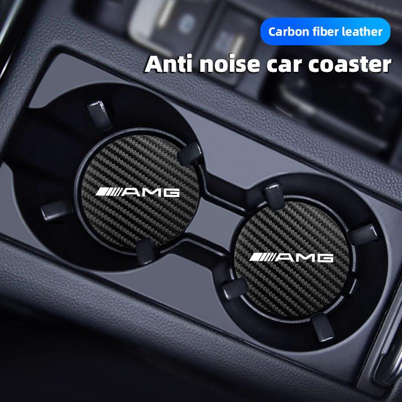 IXEA6 2Pcs Leather Car Logo Coaster Anti Noise Cup Mats Accessories For Mercedes Benz AMG GLE GLS CLA CLE GLC CLS GLA W223 Stickers