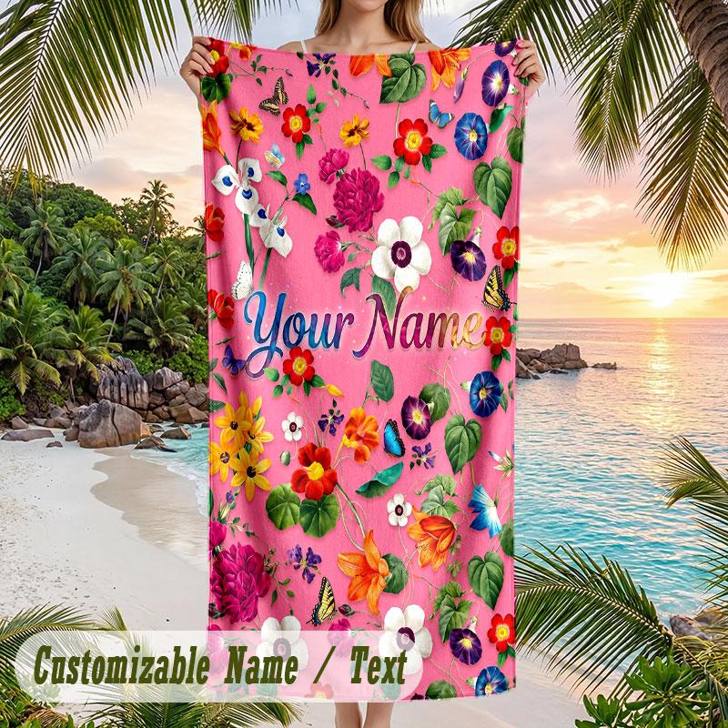 Floral 3 Theme Quick Dry Beach Towel Custom Name Text Print Large Sand Resistant Towel Beach Vacation