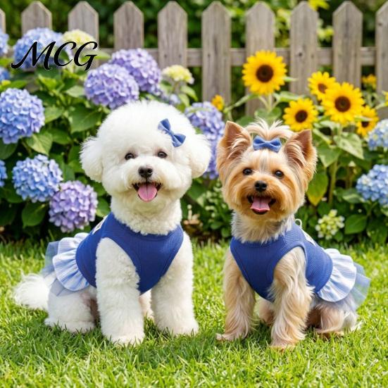 Layered Pet Clothing Sleeveless Ribbed Dress, Ultramarine Blue Cute Dog Striped Skirt Lightweight Dress Girl Doggie Clothes for Small Medium