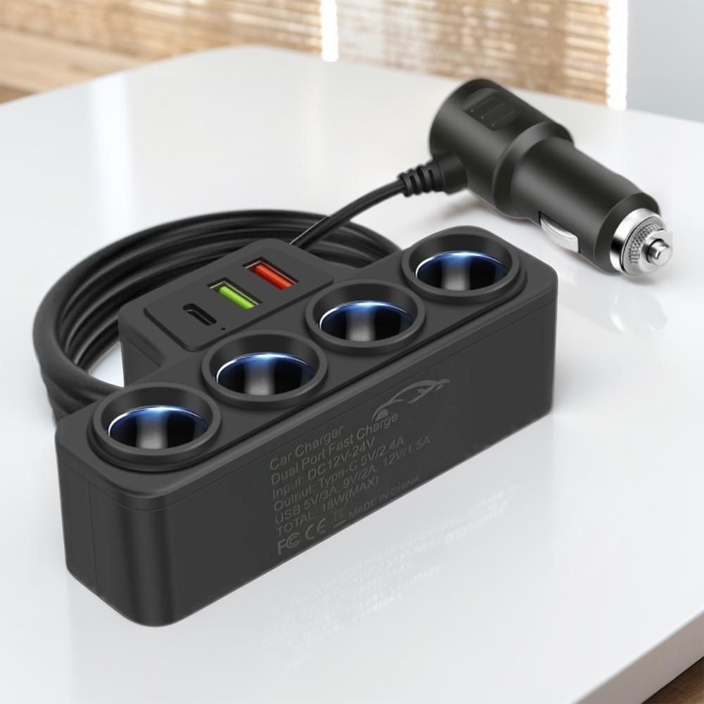 Car Cigarette Lighter Splitter QC3.0+PD 3.1A 12V-24V Phone Power Adapter 4-Socket 18W Car Cigarette Lighter Socket Splitter Plug