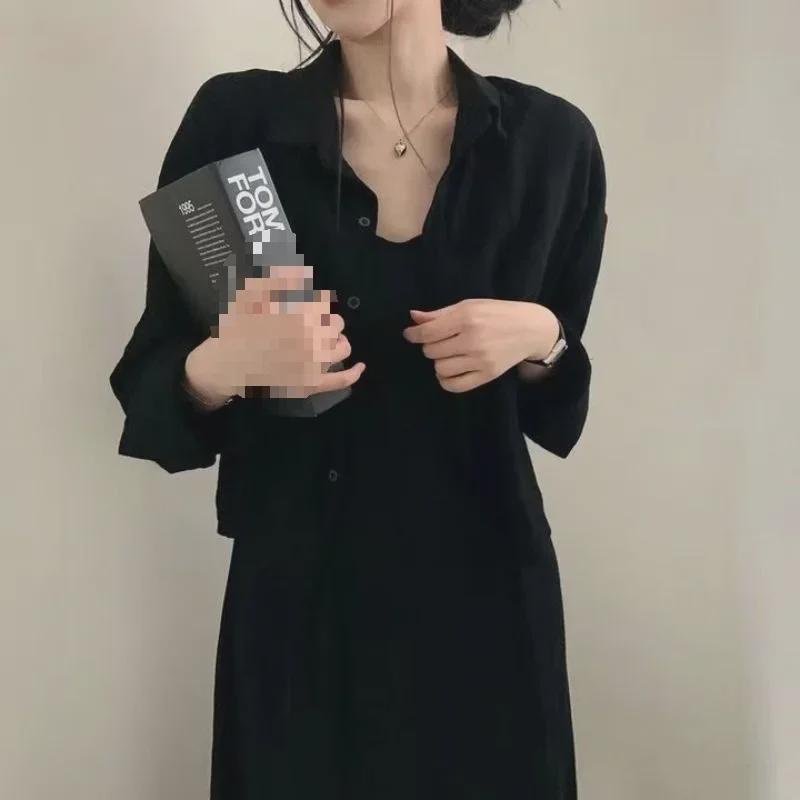 Chic Korean Spring/Autumn Retro Style Suspender Dress + Shirt Jacket Set for Women