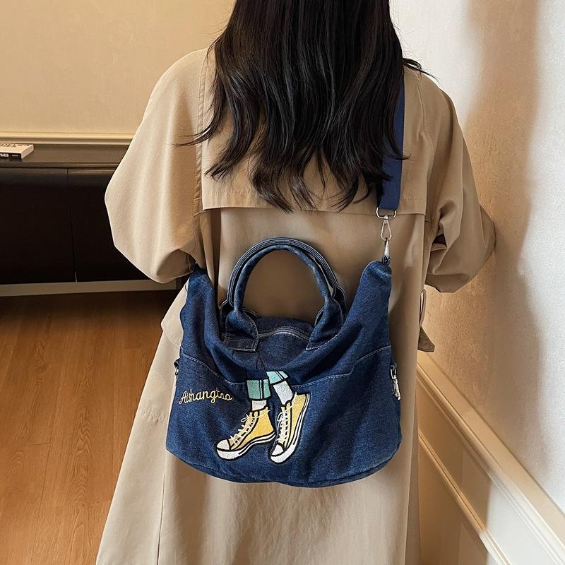 Embroidered Denim Bag Women's Large Capacity Shoulder Crossbody Bag